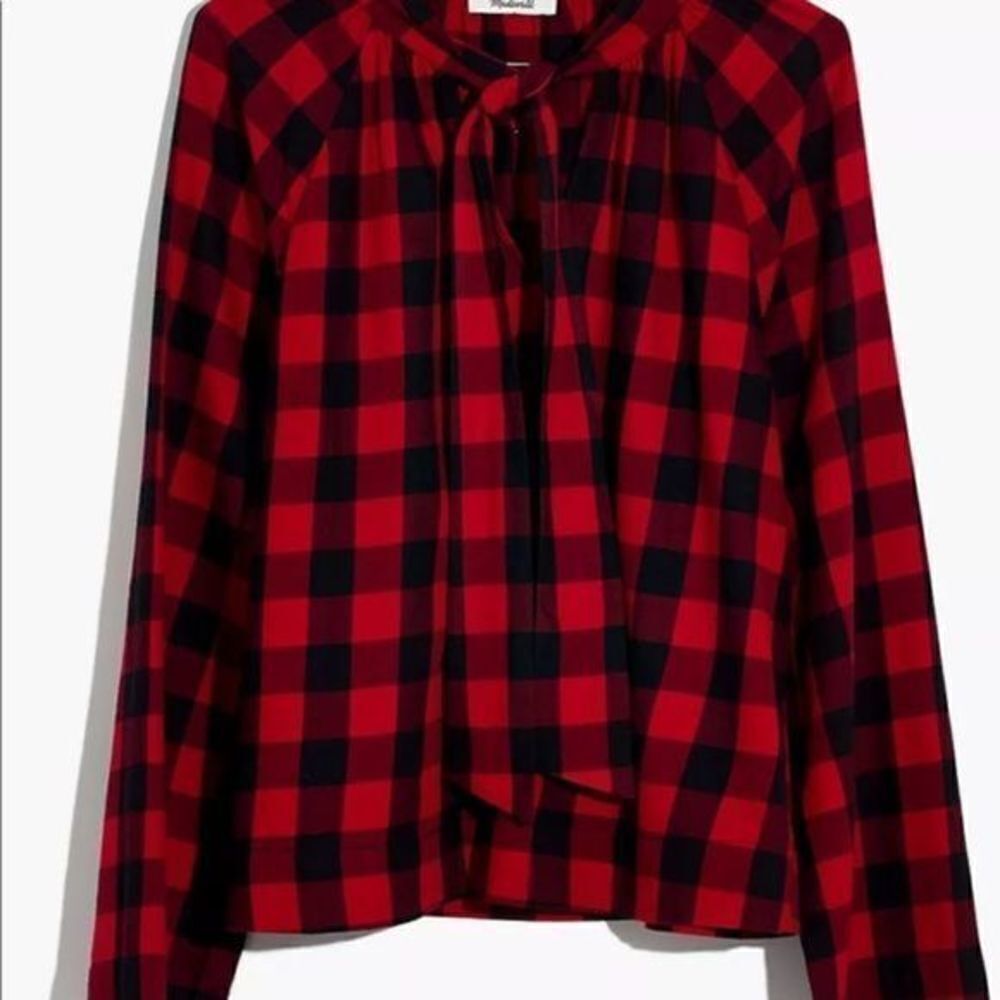 Madewell Ragland Tie-Neck‎ Long Sleeve  Buffalo Check Top - Picture 5 of 6